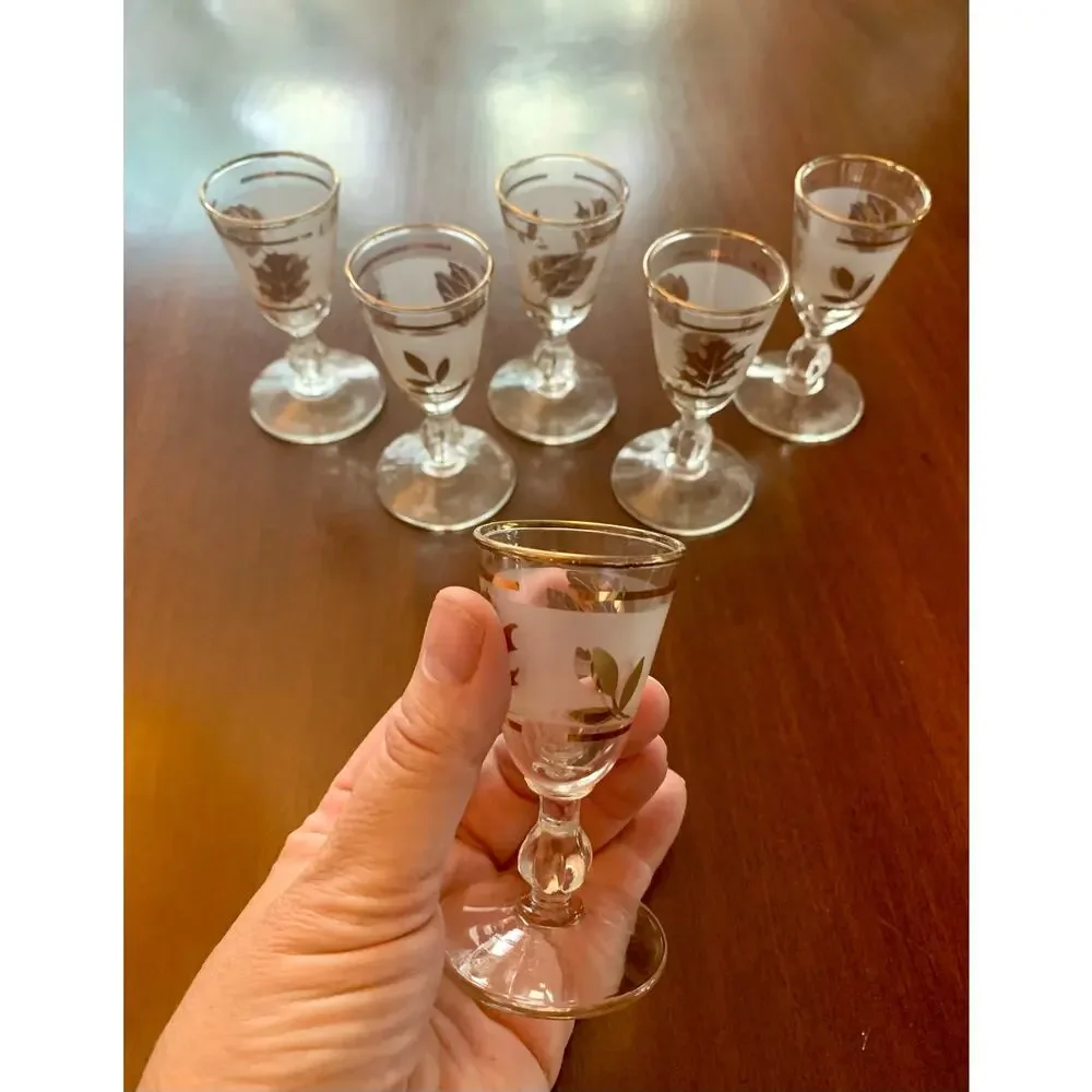 Vintage Mid Century Libbey Shot Glasses, Set Of Six, Frosted With Gold Leaf MCM